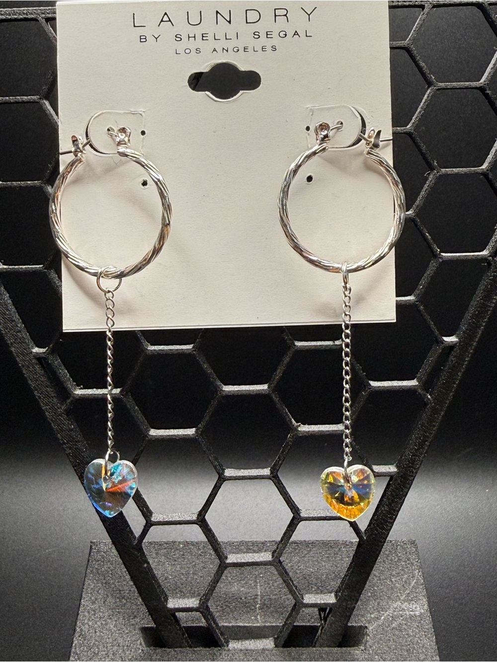 Laundry by Shelli Segal Silver Hoop Drop Earrings with Iridescent Heart Charms